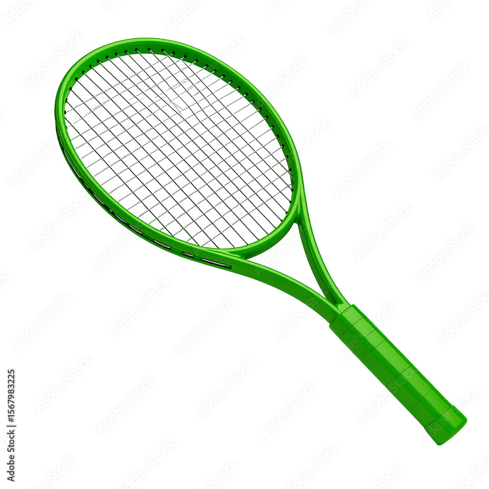 Poster 3d render of a green tennis racket with no strings floating on transparent background