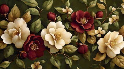 Floral botanical illustration with neutral and red flowers