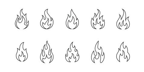 "Fire icons set in line style . Bonfire and flame vector collection of various shapes."
