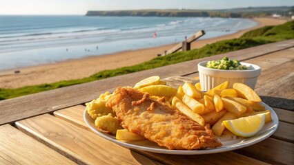 A plate of classic fish & chips is served on a wooden table overlooking a scenic beach
