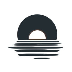 Obraz premium A stylized sunset over water, rendered in a minimalist design with a dark circle and horizontal lines, evoking a sense of calm and tranquility.