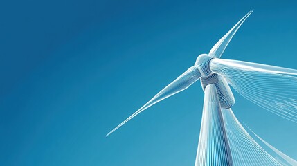 Wind turbine seen from below with blue sky background, clean, bright, sustainable