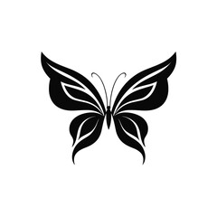 Elegant black butterfly design showcasing symmetrical wings, antennae, and distinct stylized patterns, set against a pristine white background.