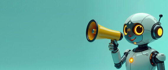 AI Robot Assistant Speaking Through Megaphone with Left Side Copy Space – Futuristic Communication Concept