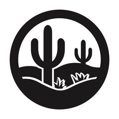 Obraz premium A stylized black and white design featuring a desert landscape with saguaro cacti and scrub brush enclosed within a circular border. 
