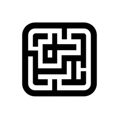 Obraz premium A geometric, black and white illustration of a complex maze set within a rounded square, challenges viewers with its intricate pathways.
