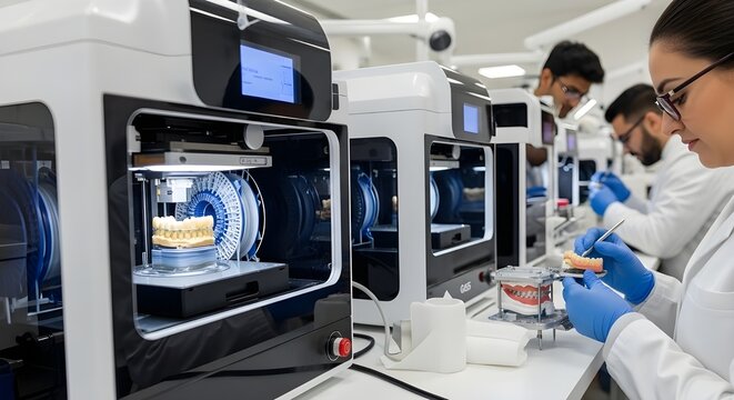 A high-tech dental milling machine or 3D printer creating a crown or prosthesis in a modern dental laboratory - Powered by Adobe