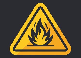 Yellow triangle warning sign with stylized flame symbol on dark background