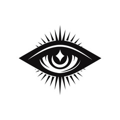 Stylized eye illustration with radiating lines, rendered in bold black against a plain white background; modern design aesthetic.