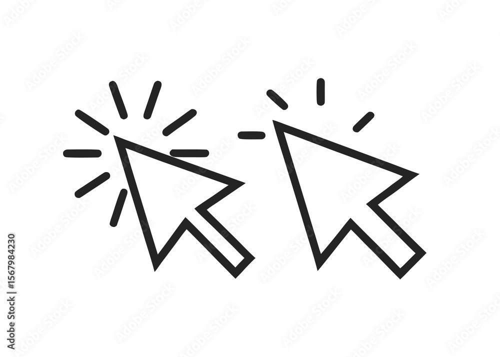 Poster two black computer mouse cursor icons on a white background representing click action