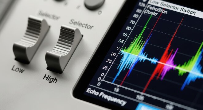 Close-up of advanced audio equalizer with frequency display on digital screen
