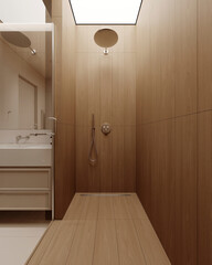 Modern minimalist bathroom interior, modern bathroom cabinet, white sink, wooden vanity, interior plants, bathroom accessories, bathtub and shower, beige walls, granite floor, vases. 3d rendering	