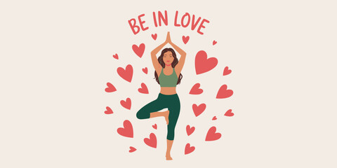 Woman doing yoga in tree pose surrounded by hearts, be in love concept