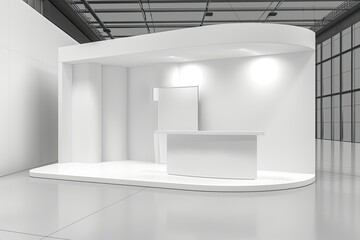Trade Show Booth White and Blank with Kiosk Lcd Blank Indoor Exhibition with Work Paths 3D Render