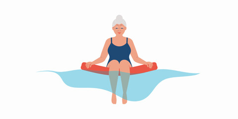 Senior woman in water, swimming pool noodle, relaxing, having fun, exercise, water therapy, vector illustration