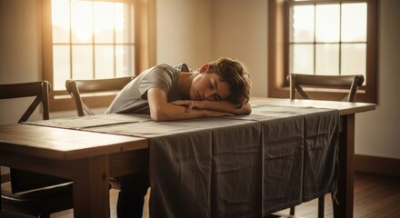 Young caucasian male teen asleep at table in sunlit room