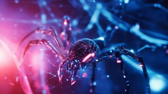 Cybernetic spider crawling through a neonlit web