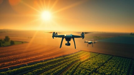 Drones monitor farmland at bright sunset