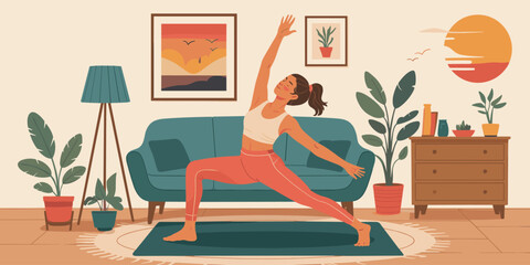Woman doing yoga at home for wellness lifestyle, one person, exercising indoors
