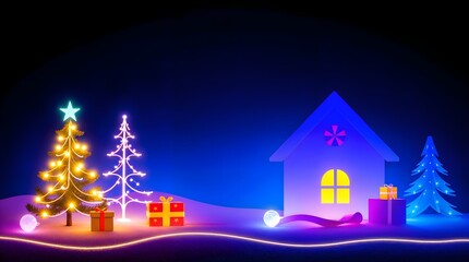Glowing Christmas Night Scene with Lights, Gifts, and Winter House Decoration