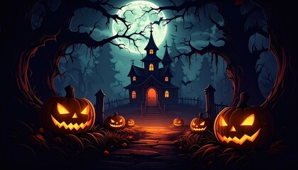 Fototapeta premium Spooky Halloween night with a haunted house or castle silhouette, bats, and pumpkins under a full moon, perfect for a dark autumn party illustration