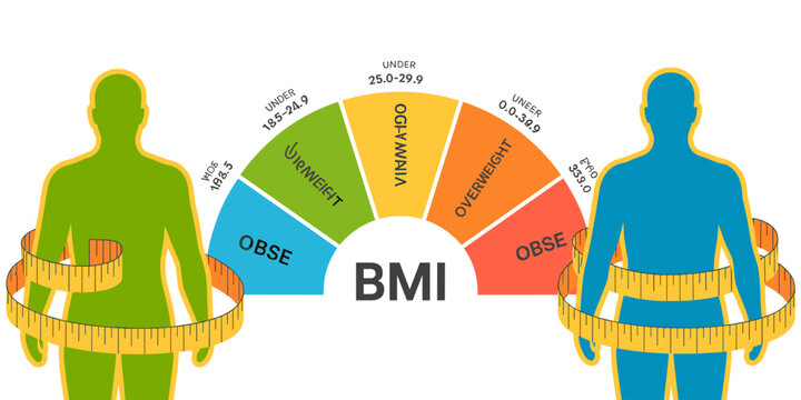 BMI chart with overweight, obese body types, healthy weight range illustration