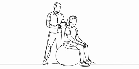 Physical therapist with female patient on fitness ball. Healthcare. Line art, illustration
