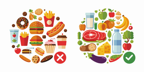 Healthy diet vs unhealthy food choices illustration, balanced nutrition concept
