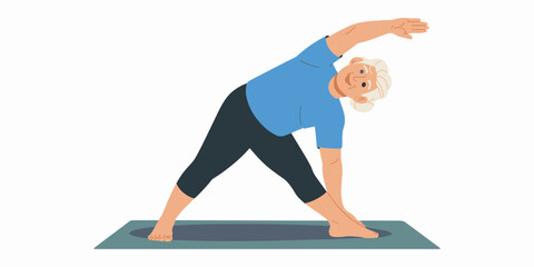 Senior woman stretching exercise, fitness on mat. Elderly yoga, active lifestyle vector