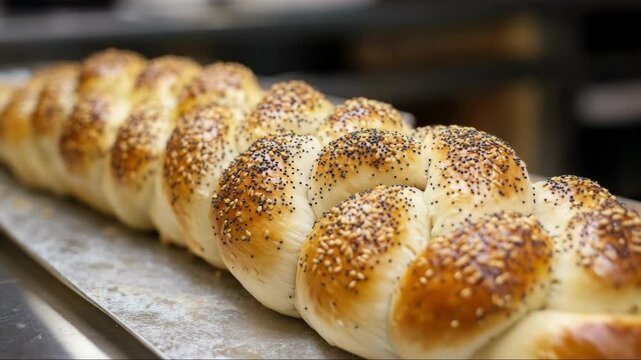 Braided challah bread with poppy and sesame seeds, close-up shot.