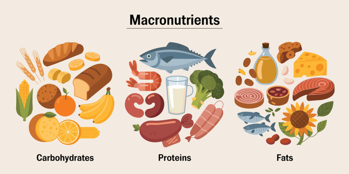 Macronutrients illustration: carbohydrates, proteins, and fats food set