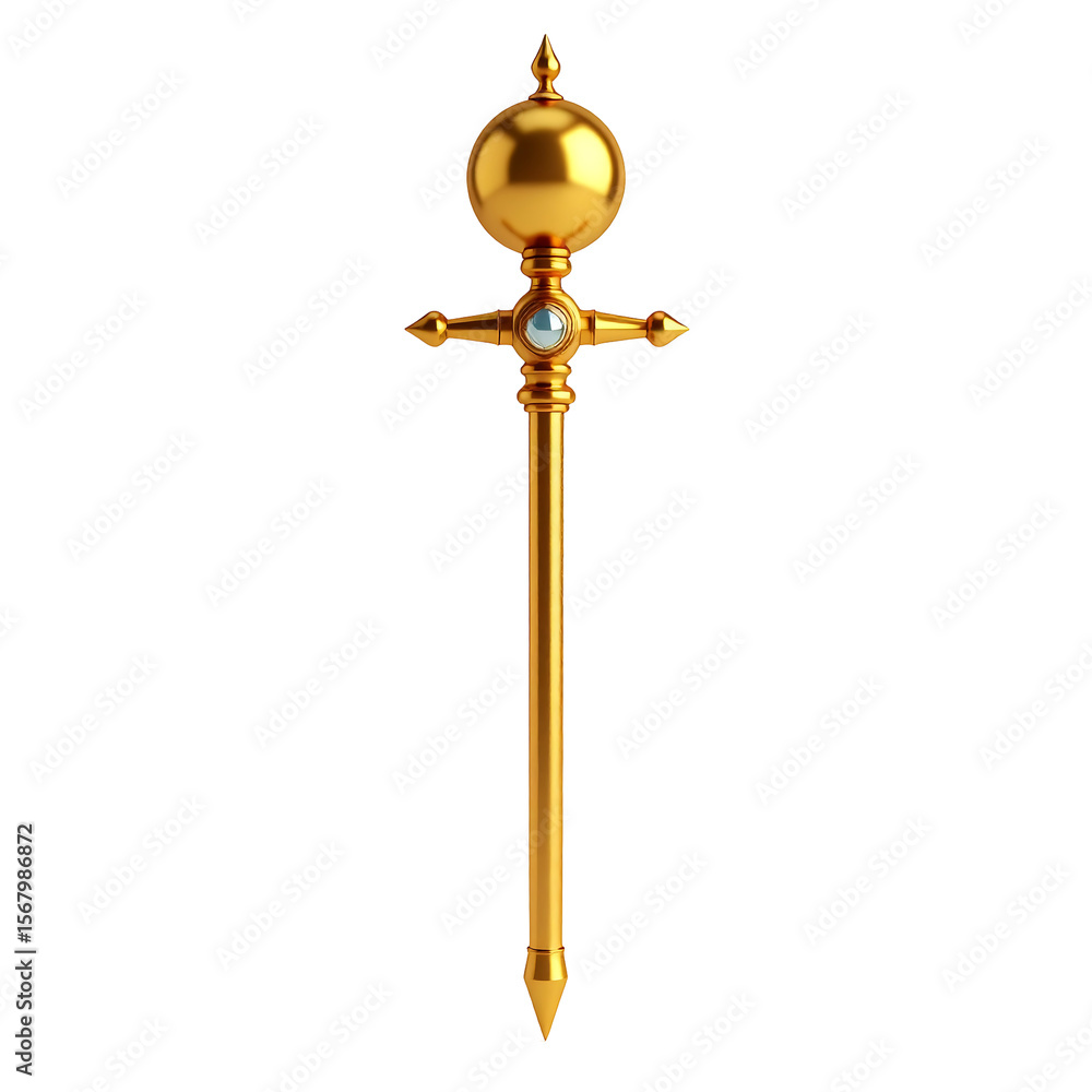 Poster 3d render of golden scepter featuring round gemlike orb with stylized shaft on transparent backdrop