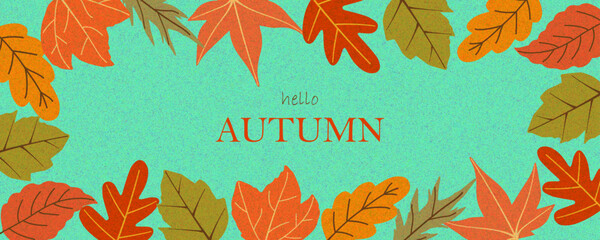 Fall season horizontal background with bright abstract autumn leaves. Autumn modern art minimalist style design template for sales, horizontal poster, header, cover, social media, fashion ads, decor.