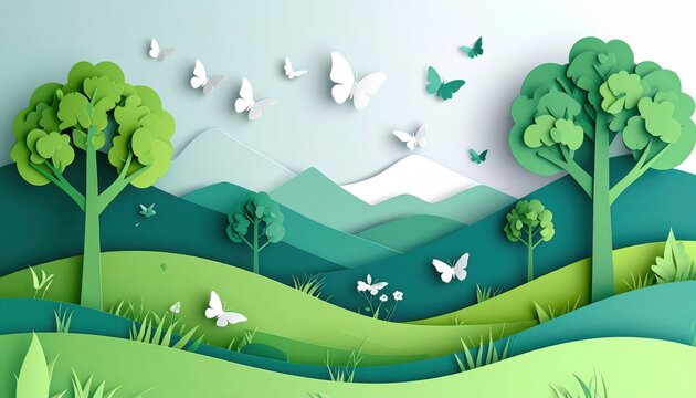 Vector landscape illustration of a rural village with a charming house nestled among trees, rolling hills, and distant mountains under a summer sky