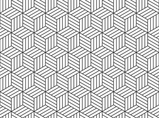 Seamless pattern features a grid, cubes and striped line. Hexagon repeat background for modern, sophisticated design.