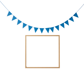 Blue decorative bunting with empty square wooden frame on white background  