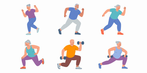 Senior exercise, group of older people workout fitness training vector illustration