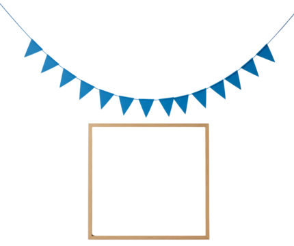 Blue decorative bunting with empty square wooden frame on white background  