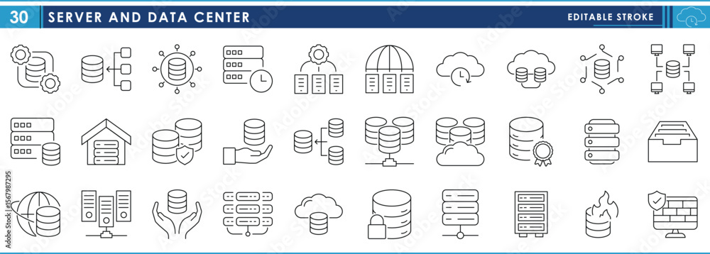 Poster a set of line icons related to server and data center. server, data, security, save, database, syste