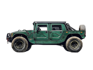 Rugged green humvee off road vehicle with large tires isolated on transparent background