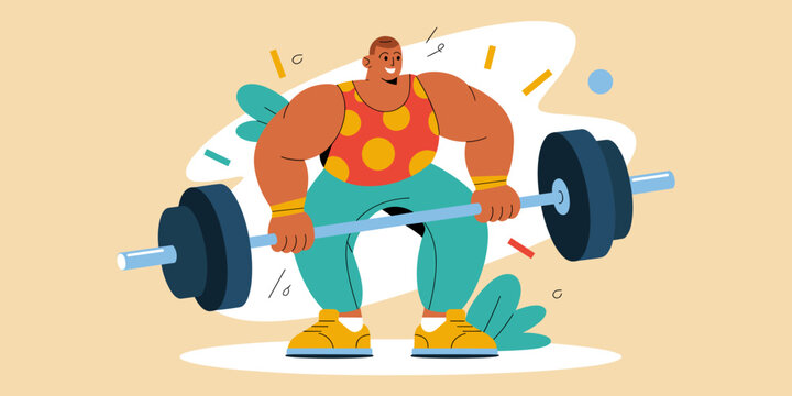Man weightlifting barbell in gym, plus size workout, fitness training, vector illustration