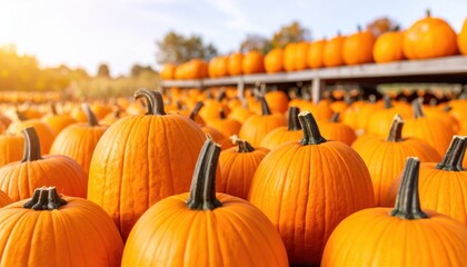 Here are pumpkins on a farm, an orange autumn harvest for Halloween or Thanksgiving