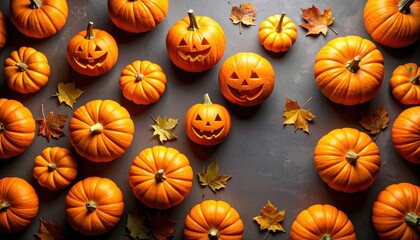 A spooky set of carved Halloween pumpkins with scary faces isolated on a white background, perfect for autumn holiday decorations