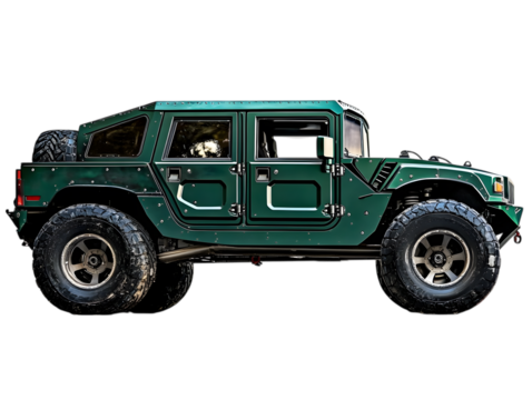Rugged green hummer h1 off road vehicle isolated on transparent background