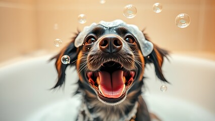 Playful dog surrounded by floating soap bubbles in a warm, joyful bathtub setting.