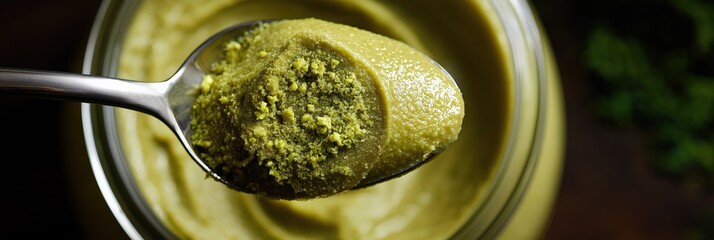 Creamy pistachio paste on spoon - nut butter texture and flavor close-up