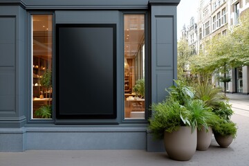 Modern storefront with blank sign and green plants on urban street