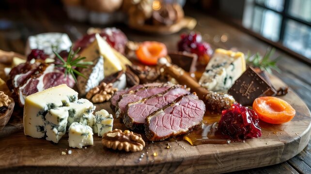Charcuterie board with artisanal blue cheese, cured meats, walnuts and seasonal preserves arranged on rustic wooden serving platter