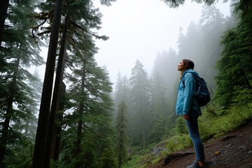 Young caucasian female exploring misty forest in blue jacket and backpack