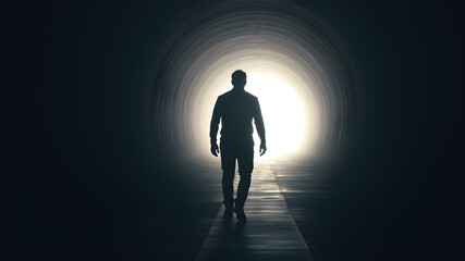 Man walks towards the light in dark empty space. Light at the end of the tunnel concept. Generative AI